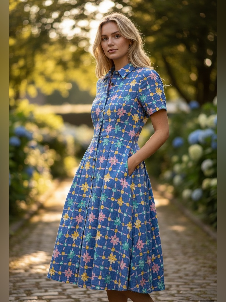 Vintage Blue Floral Button-Down Midi Dress With Short Sleeves